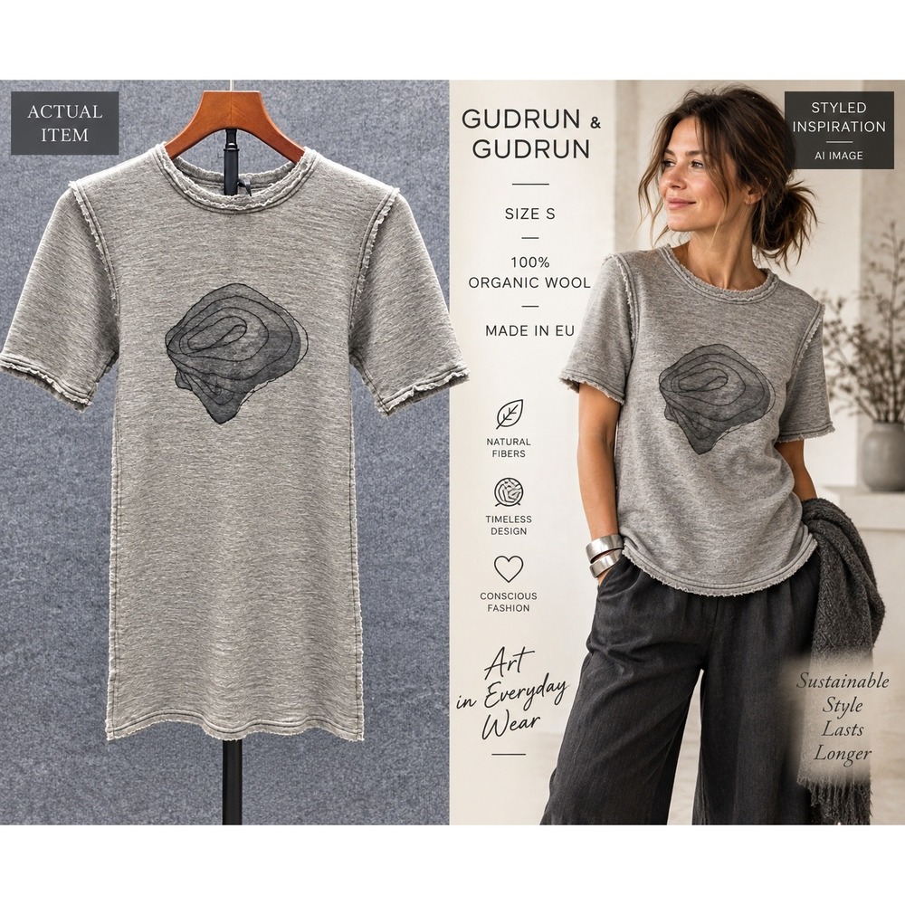 Gudrun & Gudrun T-Shirt Womens Organic Wool Graphic Grey S Excellent Minimalist